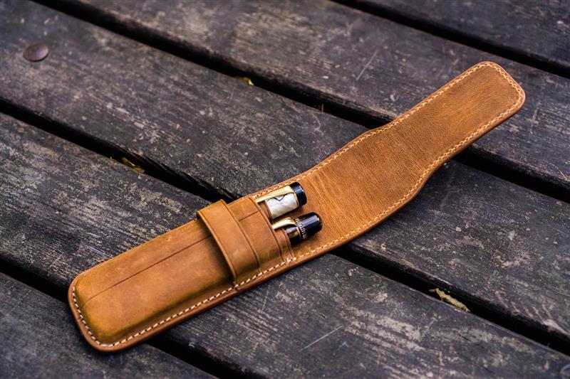 Galen Leather - Leather Flap Pen Case for Two Pens - Crazy Horse Brown