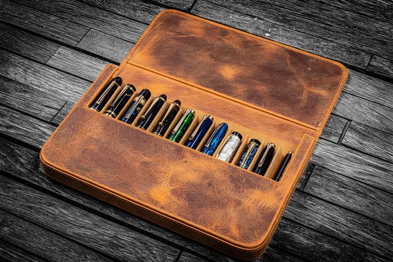 Galen Leather - Leather Magnum Opus 12 Slots Hard Pen Case with Removable Pen Tray - Crazy Horse Brown