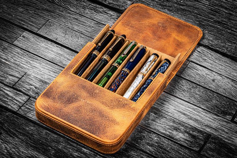 Galen Leather - Leather Magnum Opus 6 Slots Hard Pen Case with Removable Pen Tray - Crazy Horse Brown