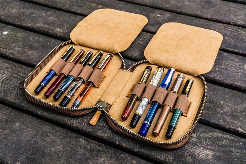 Galen Leather - Leather Zippered 10 Slots Pen Case Crazy Horse Brown
