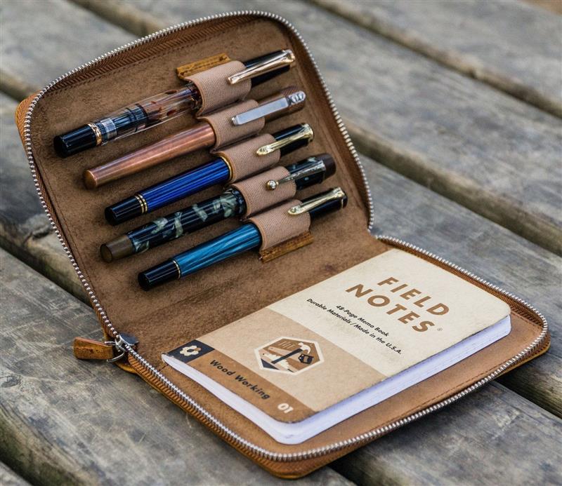 Galen Leather - Leather Zippered 5 Slots Pen Case - Crazy Horse Brown