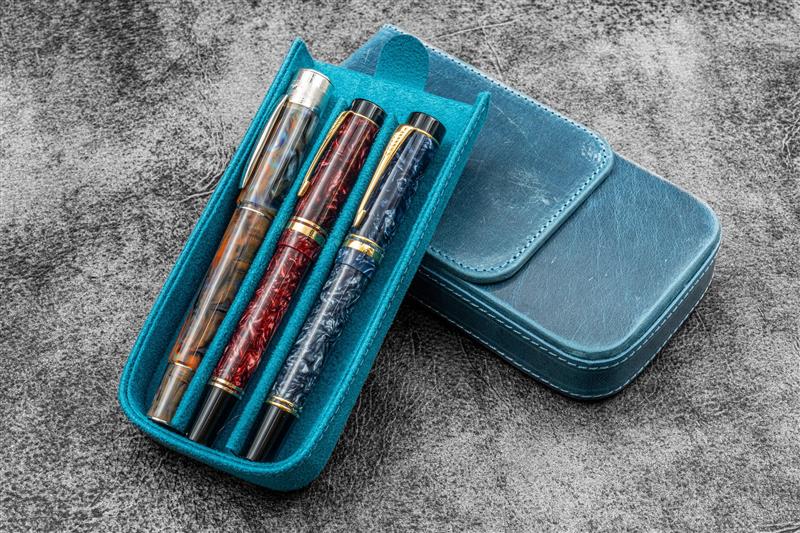 Galen Leather Magnum Opus 3 Slots Hard Pen Case with Removable Pen Tray - Crazy Horse Ocean Blue