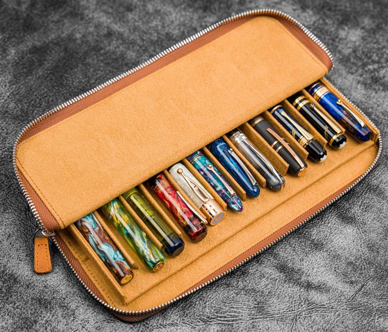 Galen Leather Zippered Magnum Opus 12 Slots Pen Case with Removable Pen Tray - Crazy Horse Brown