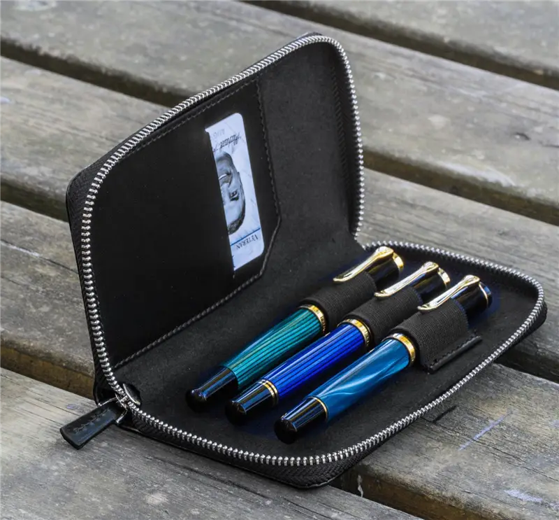Galen Leather Zippered 3 Slots Pen Case Black